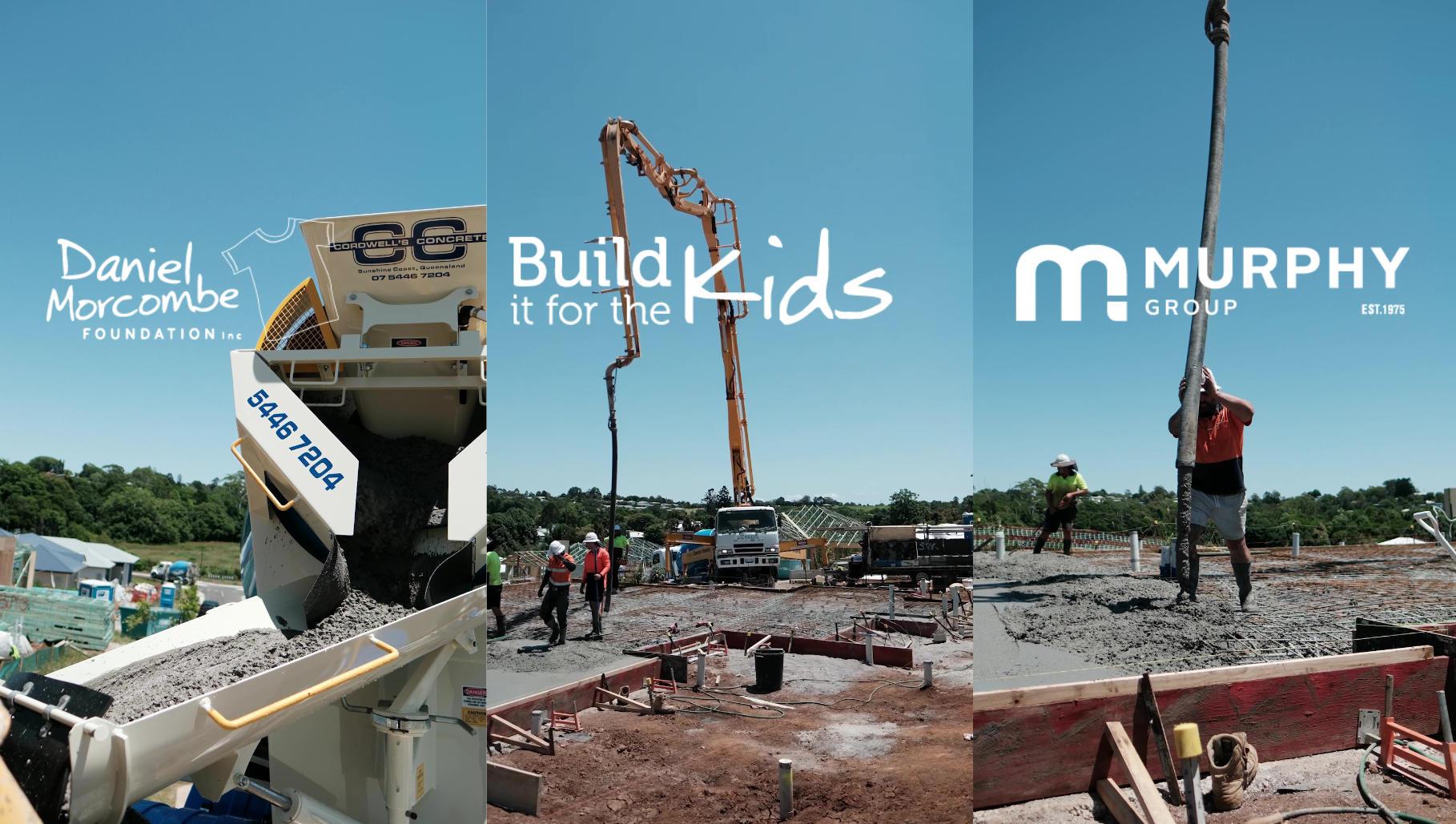 A construction site showing a pump, a man pouring concrete into a house slab, and workers smoothing the surface.  